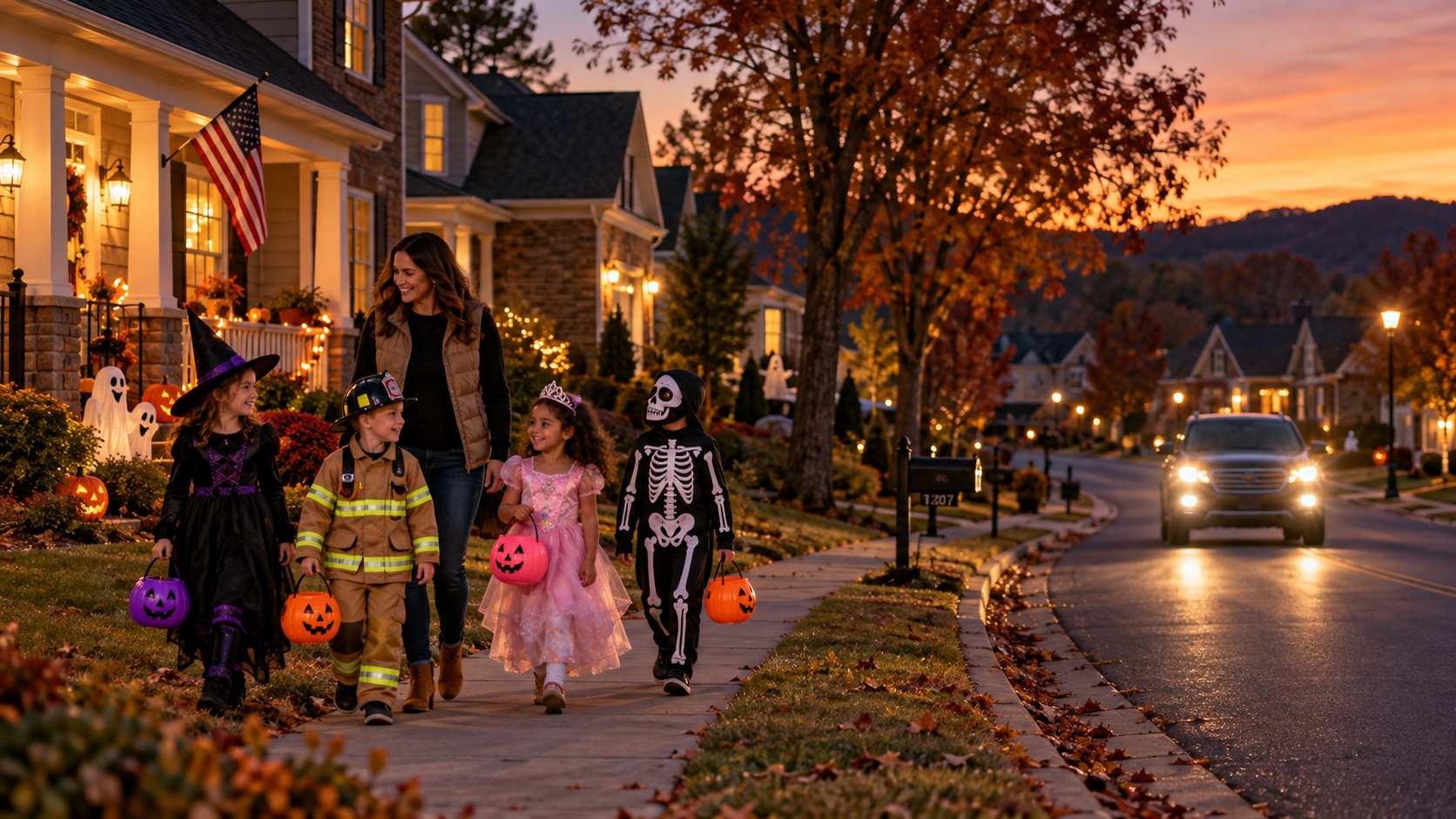 Halloween trick-or-treaters walking through a Tennessee neighborhood at dusk with approaching vehicle headlights, highlighting pedestrian accident safety.